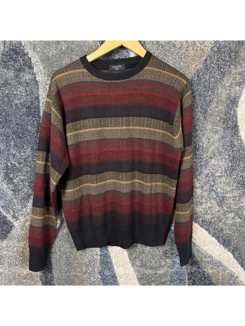 Vintage Dockers Striped Crewneck Sweater Mens S Burgundy Tan